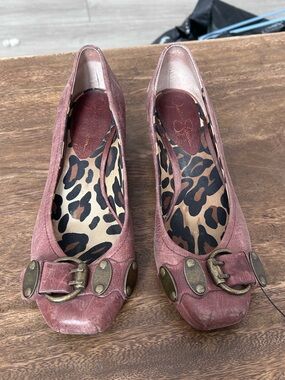 Jessica Simpson Jenilee Brown Leather Wedge Flats with Buckle Leopard Lining